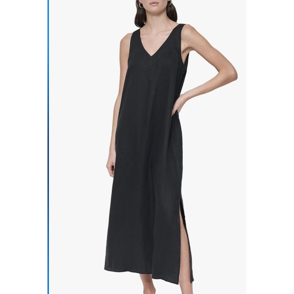 DKNY Large Linen Blend V Neck Sleeveless Side Slits Long Maxi Summer Dress...